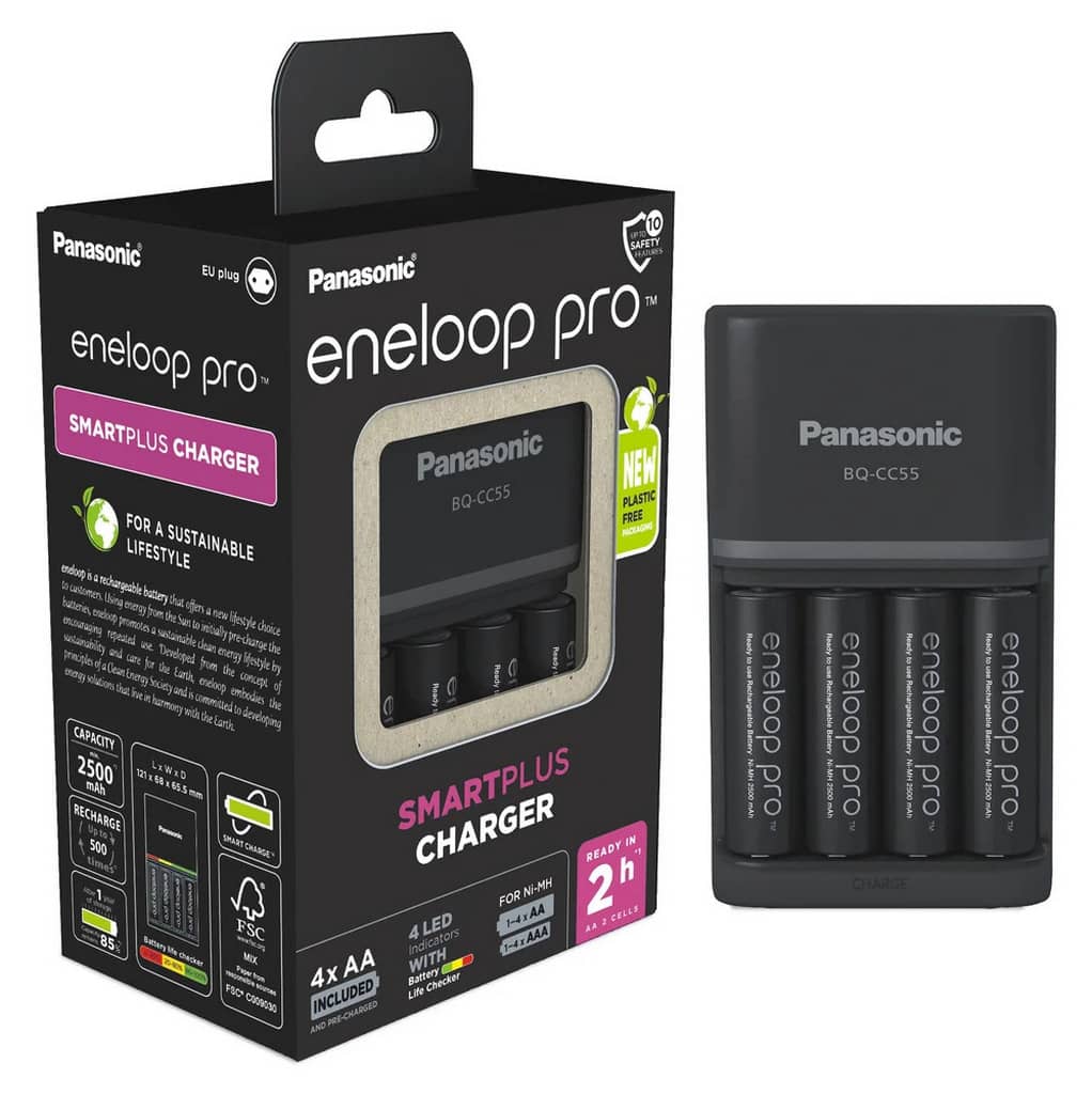 Panasonic rýchlonabíjačka BQ-CC55 + 4x akumulátory Panasonic eneloop pro 2500 mAh BK-3HCDE 4BE